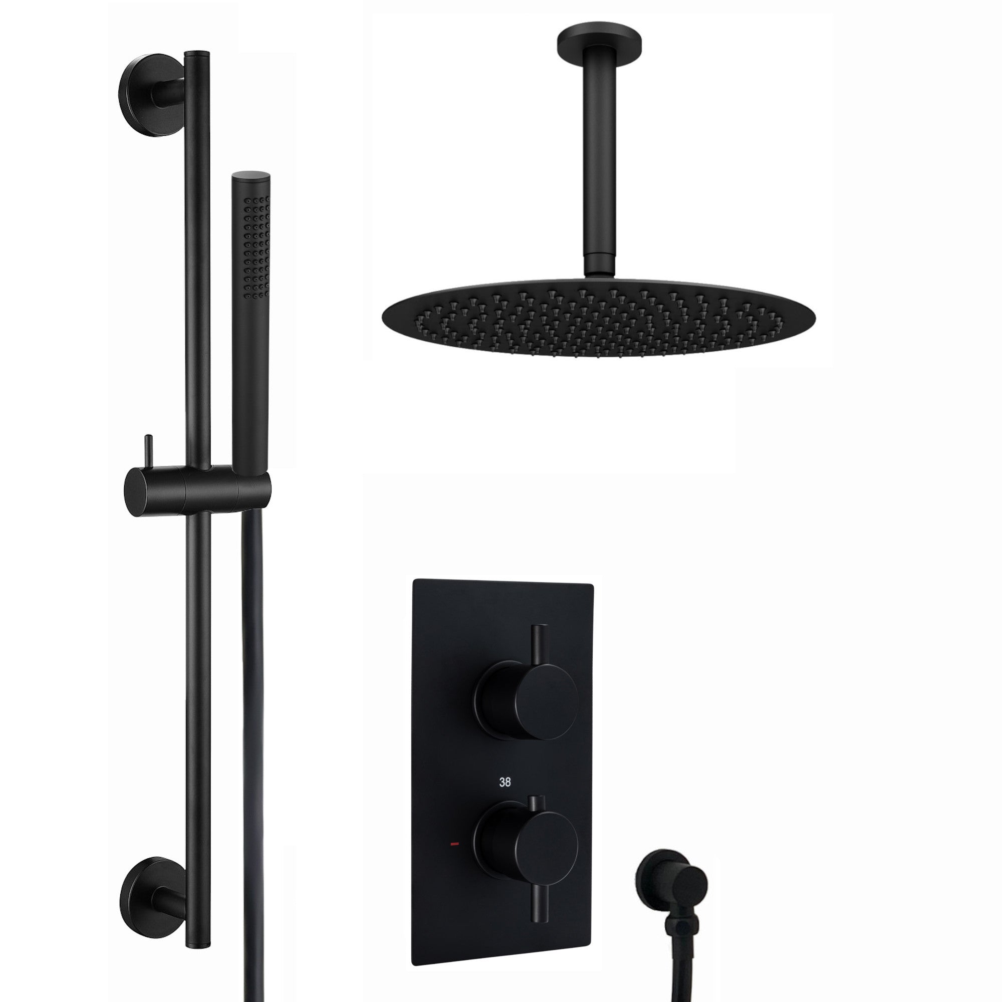 Venice Contemporary Round Concealed Thermostatic Shower Set Incl. Twin Valve, Ceiling Fixed 8" Shower Head, Slider Rail Kit - Matte Black (2 Outlet)